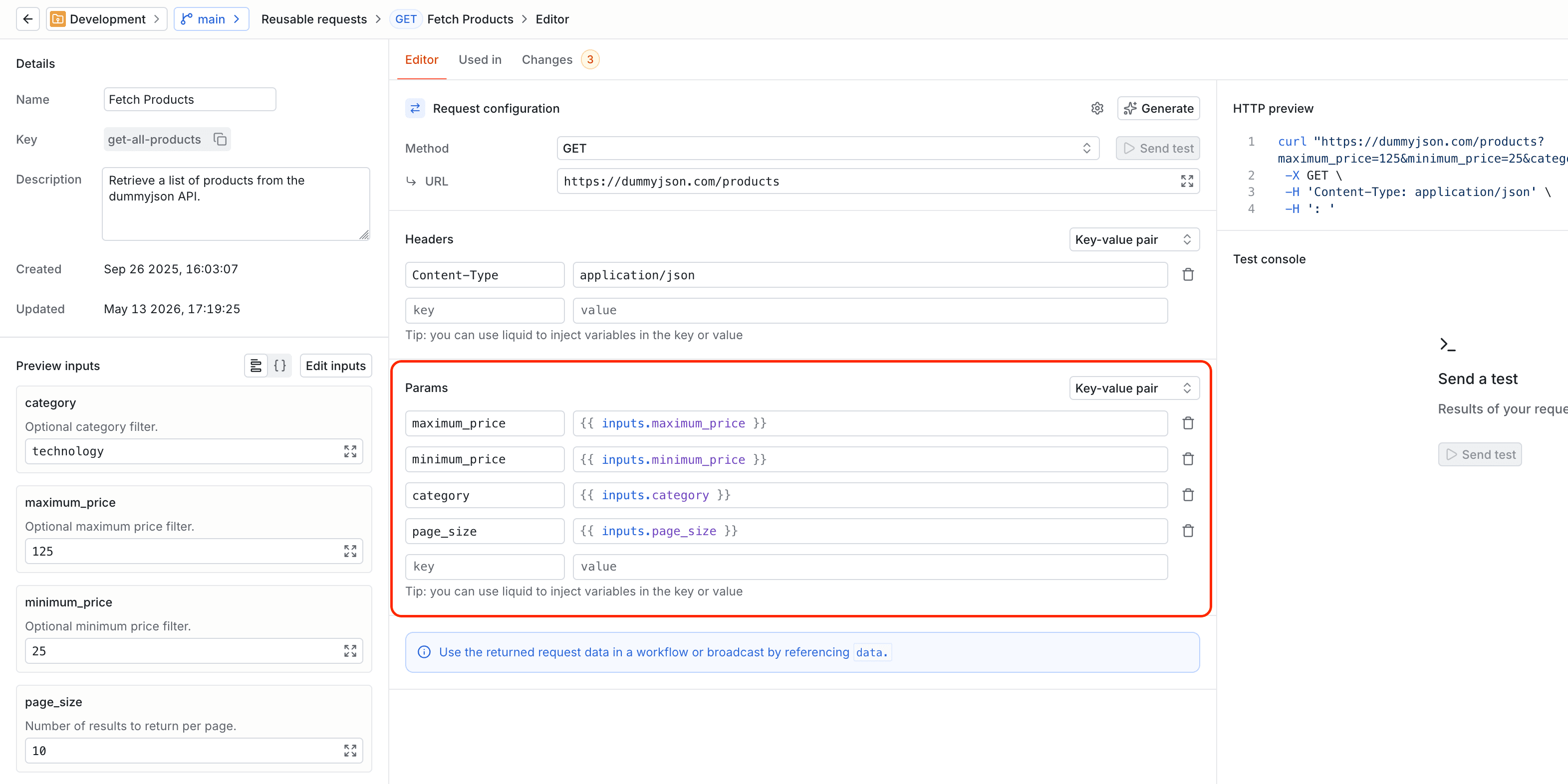 Using values in the request template for a reusable request.