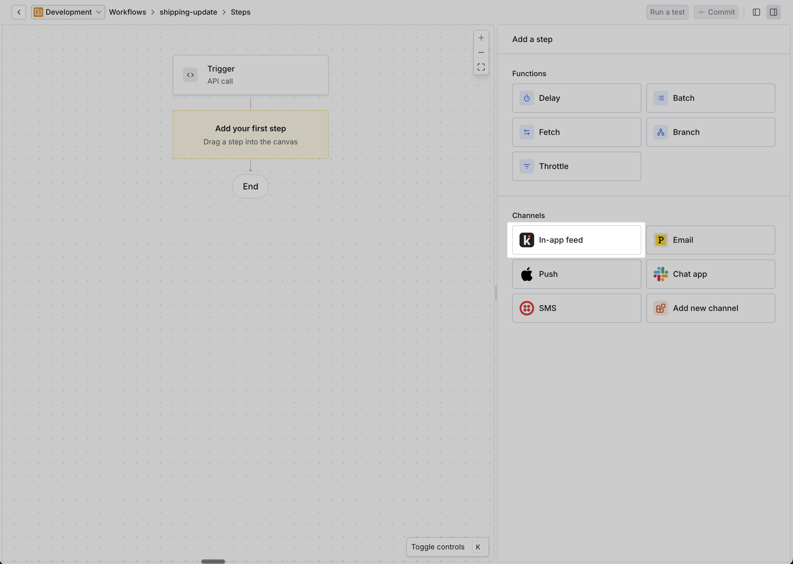 add an channel step to workflow canvas